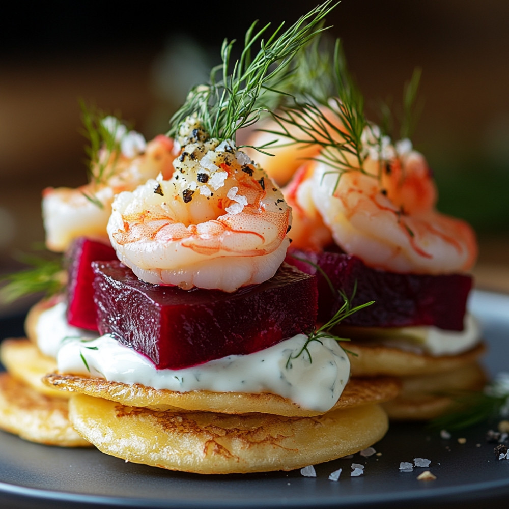 Blinis aux crevettes et betteraves