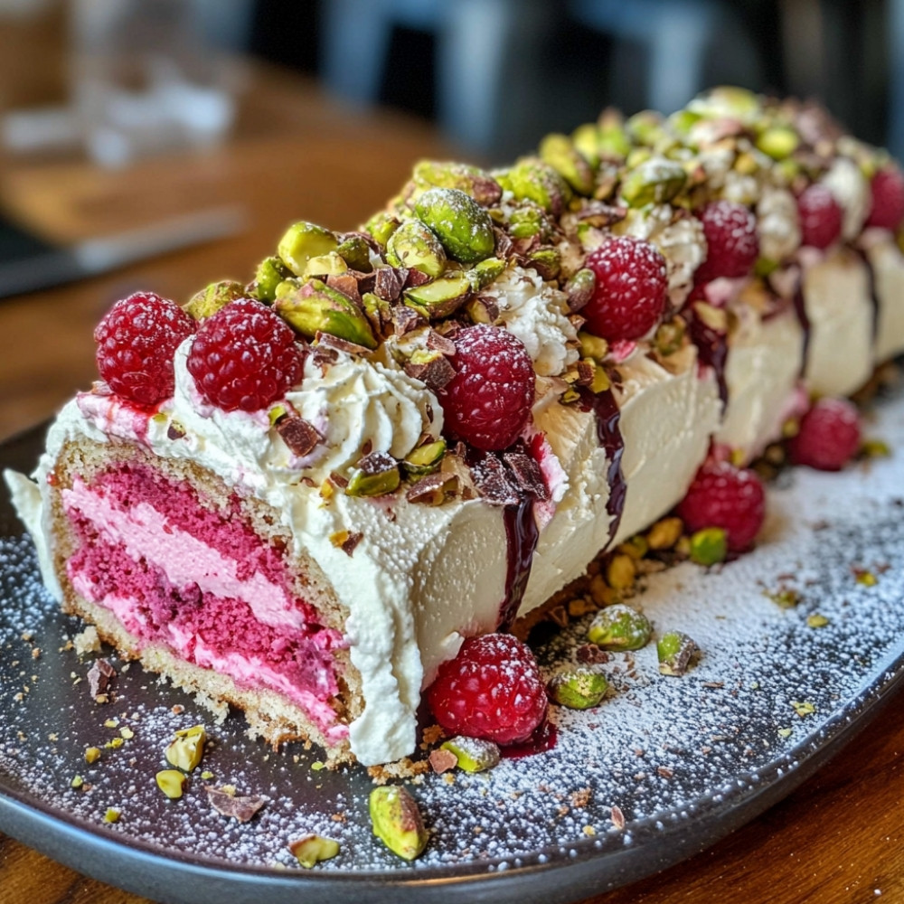 Bûche framboises et pistaches