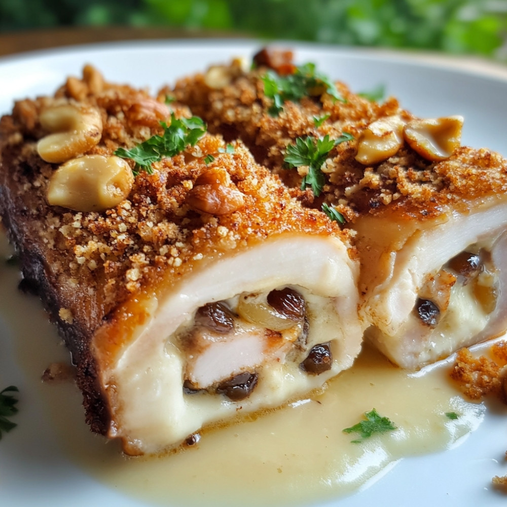 Cordon bleu i cykoria nadziewana grzybami i rodzynkami z crumble orzechowym i sosem mięsnych.