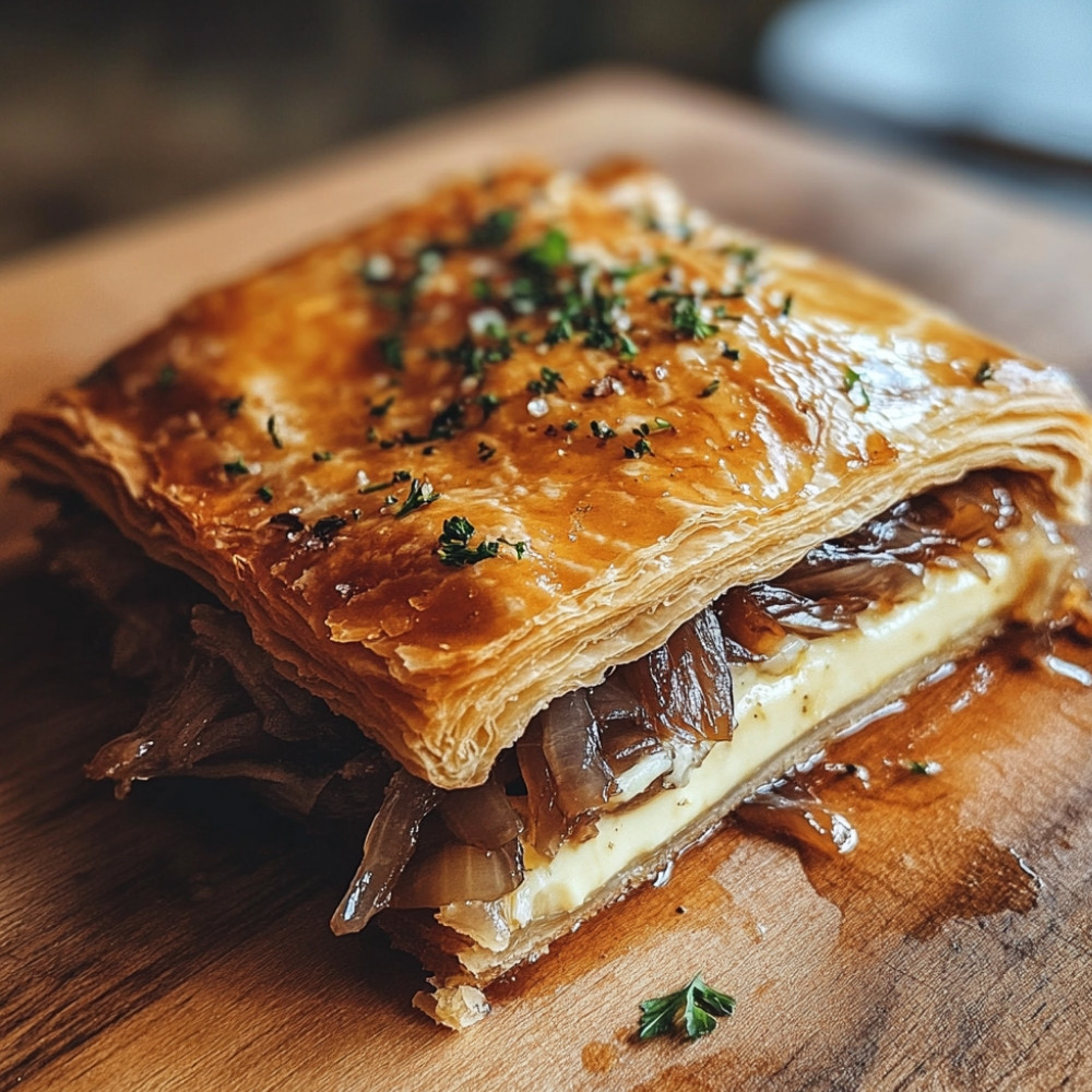 Fęoflaki z confitowanym kaczym mięsem, karmelizowaną cebulą i serem brie