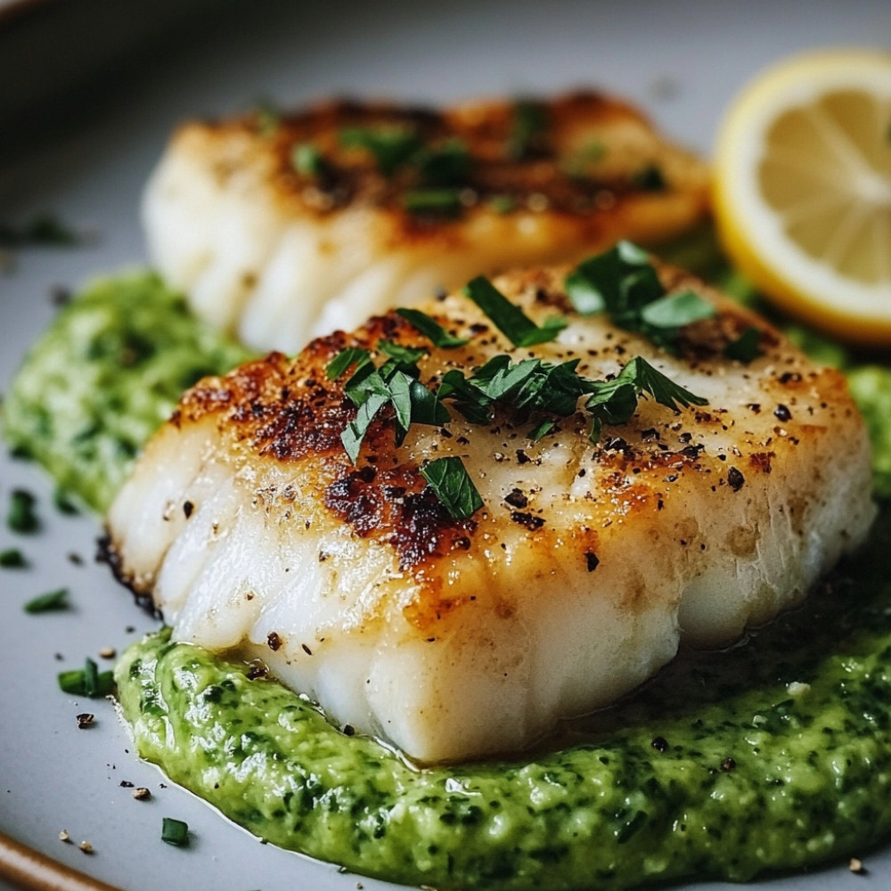 Filet z dorsza w panierce, puree z zielonej kapusty, ricotta i sos cytrynowy