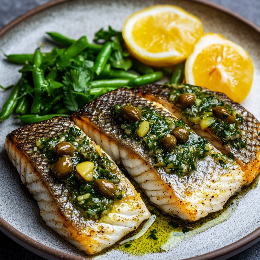 Filet z labraksu w salsa verde z sałatką z fasoli