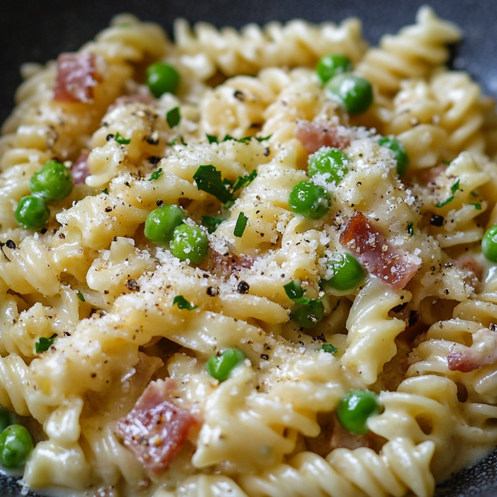 Fusilli w kremowym sosie z pancettą i groszkiem