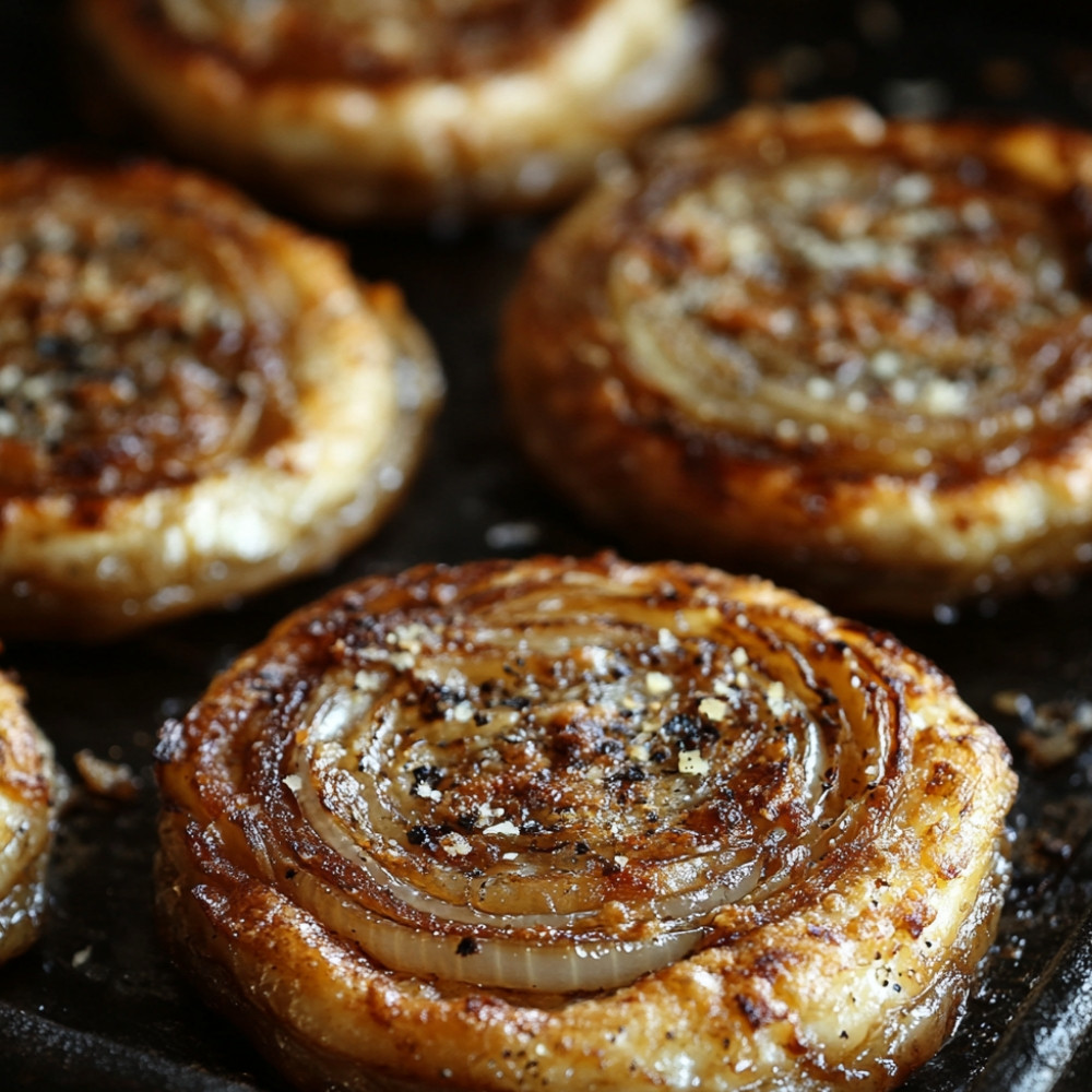 Galettes de boeuf, fromage et oignons caramélisés