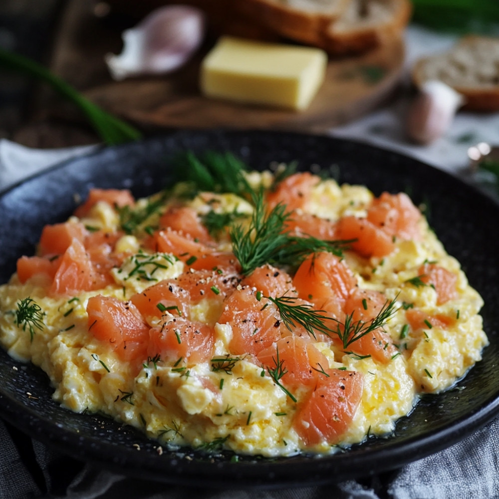 Grzanki z jajecznicą, wędzonym łososiem i ziołami