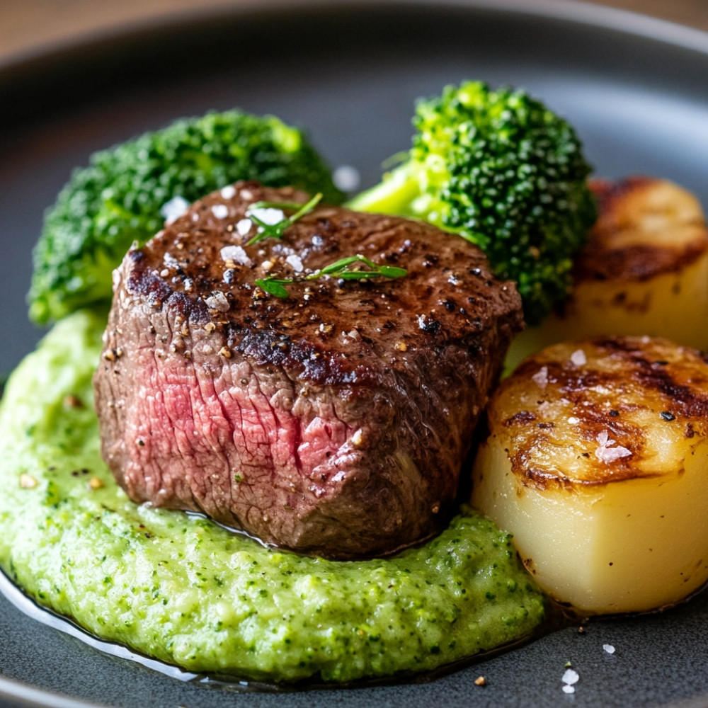 Kontre filet wołowy i puree brokułowe