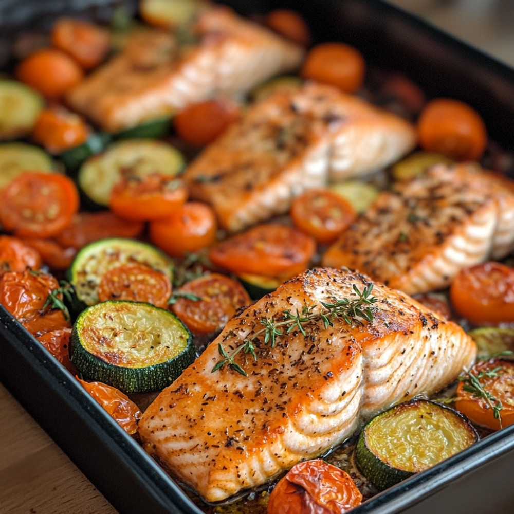 Łosoś z cukinią, marchewką i pomidorkami koktajlowymi zapiekany w piekarniku