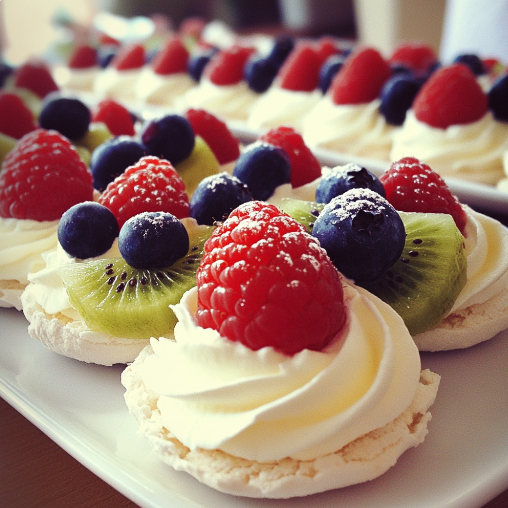 Minis pavlovas z owocami lata i kremem migdałowym