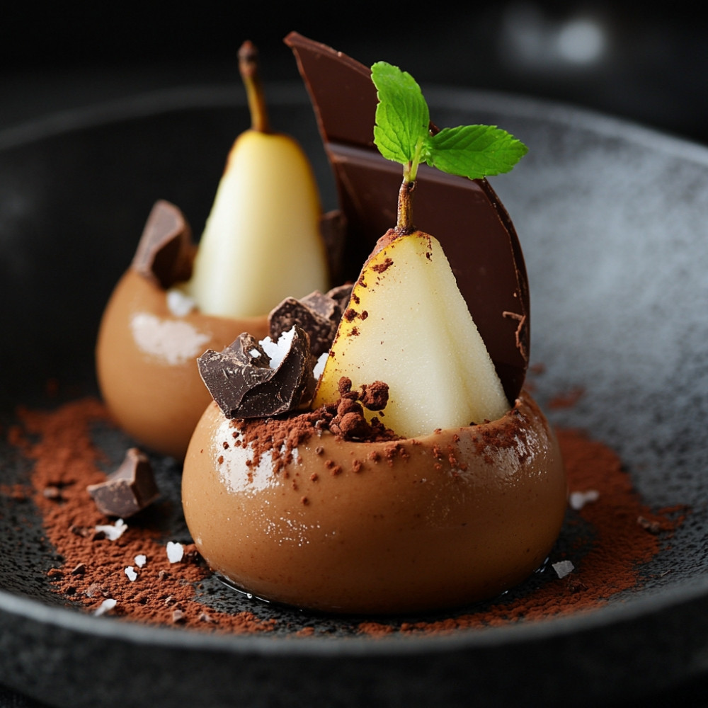 Mousse z pasternaku, czekolady, gruszki i kruszonki kakaowej