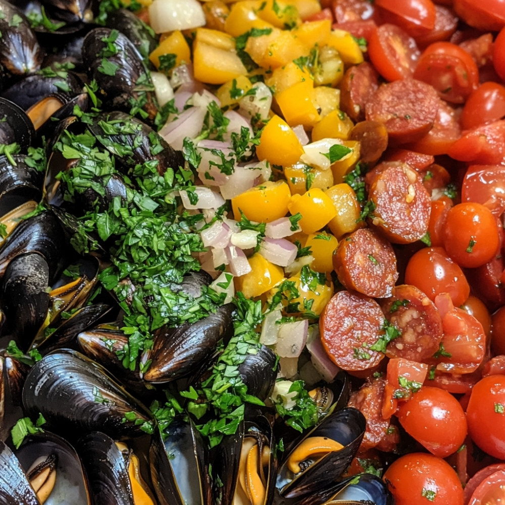 Mule w piwie jasnym z pomidorami i chorizo