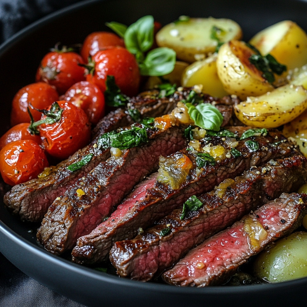 Onglet wołowy smażony na maśle z sałatką ziemniaczaną i przyprawą pomidorową