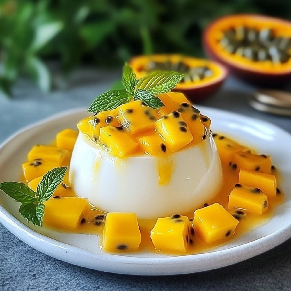 Panna cotta z mango i owocami passiflory