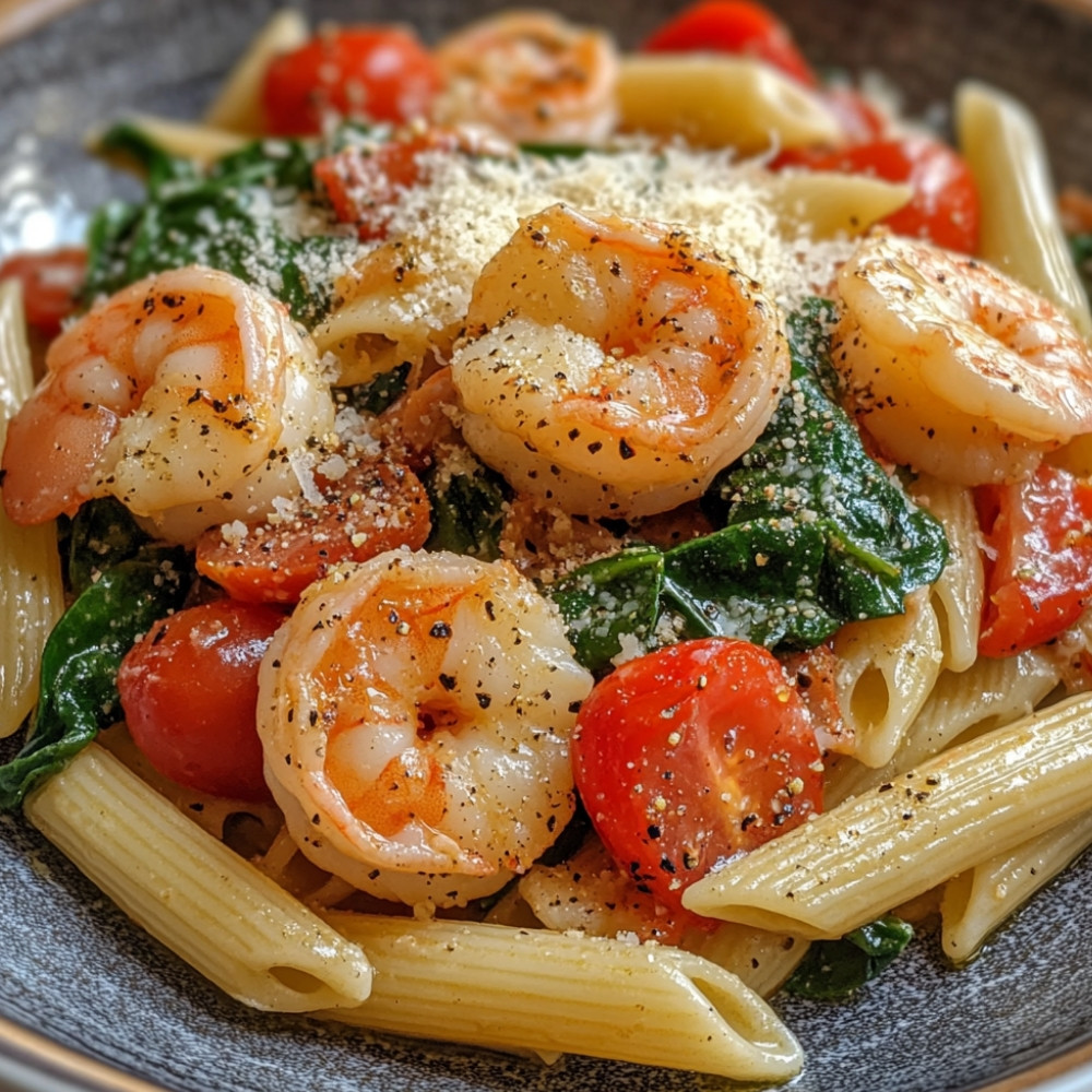 Penne z krewetkami, pomidorami i szpinakiem