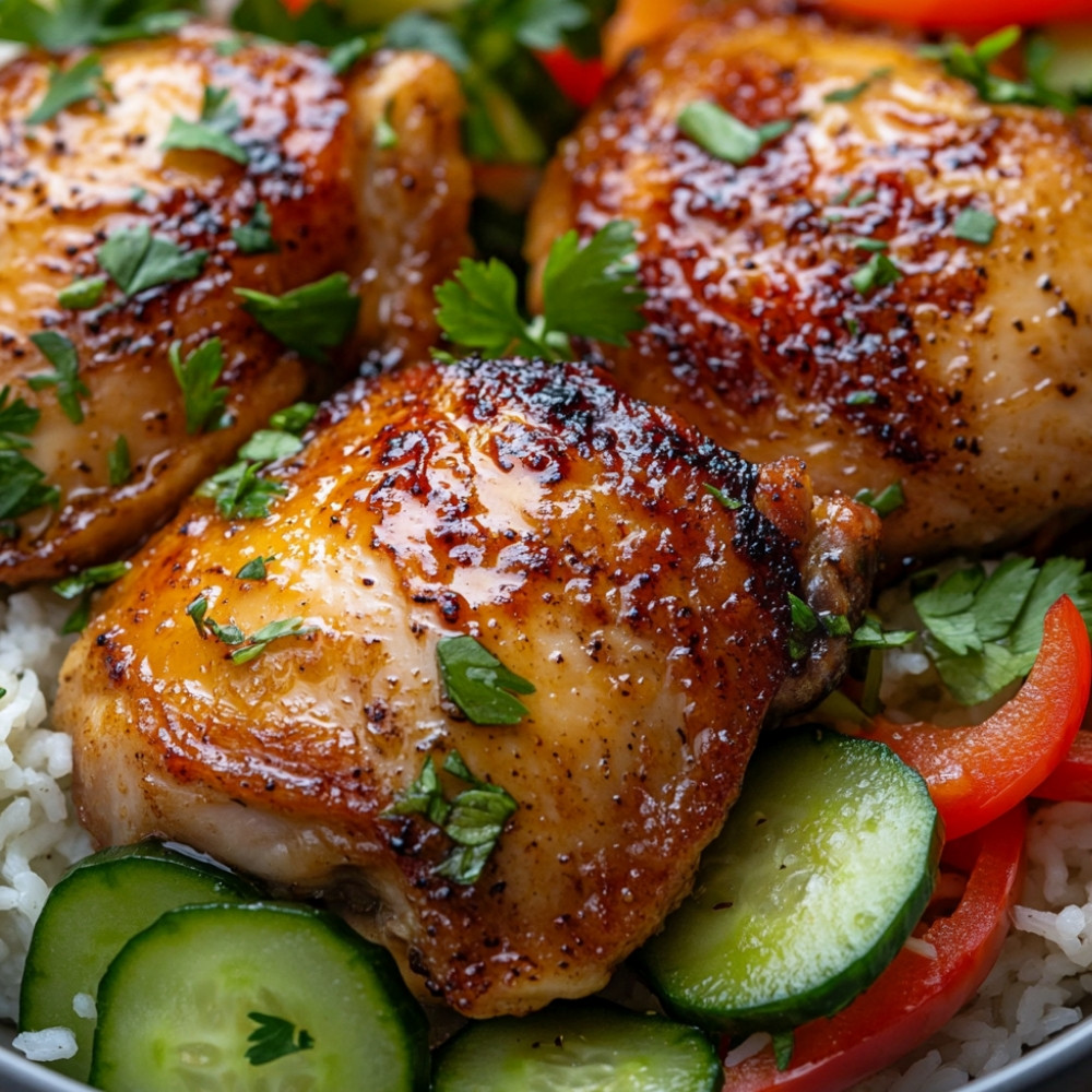 Pieczona noga z kurczaka w słodko-słonej marynacie i sałatka ryżowa