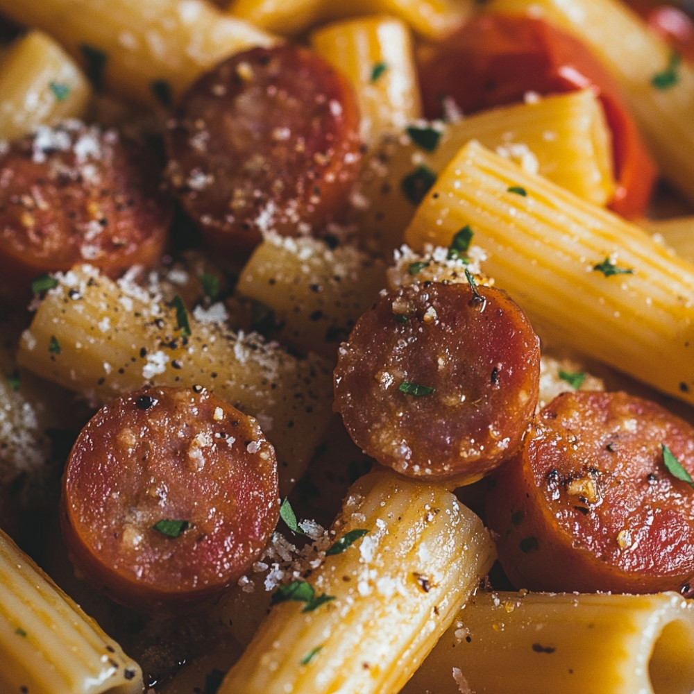 Rigatoni z pomidorami i włoską kiełbasą