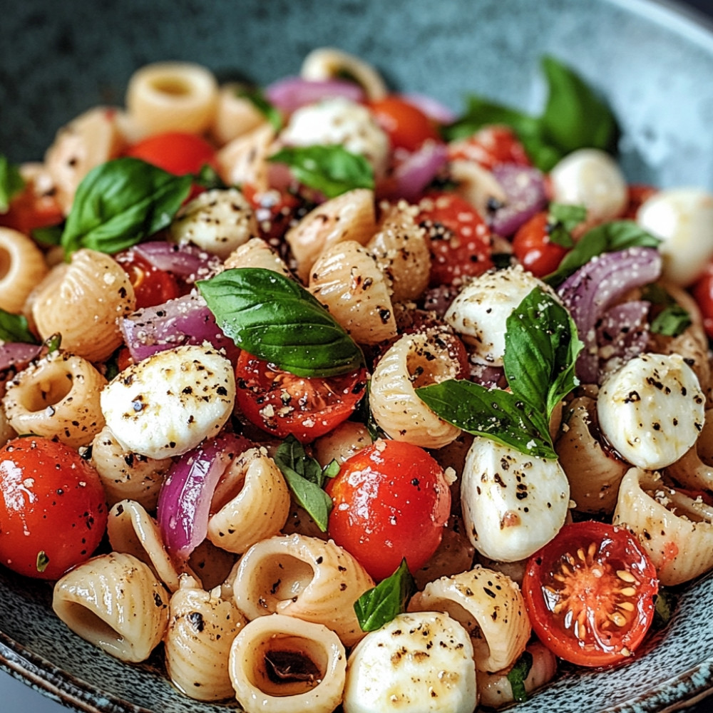 Sałatka z makaronem, pomidorami i mozzarellą