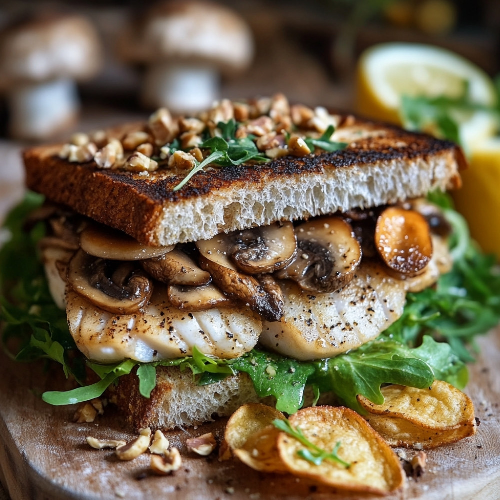 Sandwich z dorszem, duszonymi grzybami i orzechami laskowymi