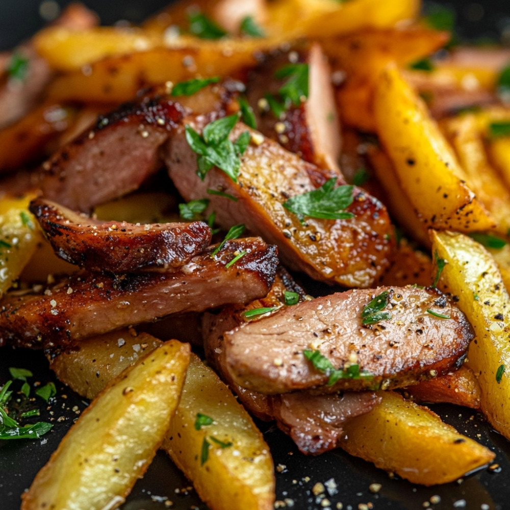 Smażone frytki z wędzonym mięsem z kaczki