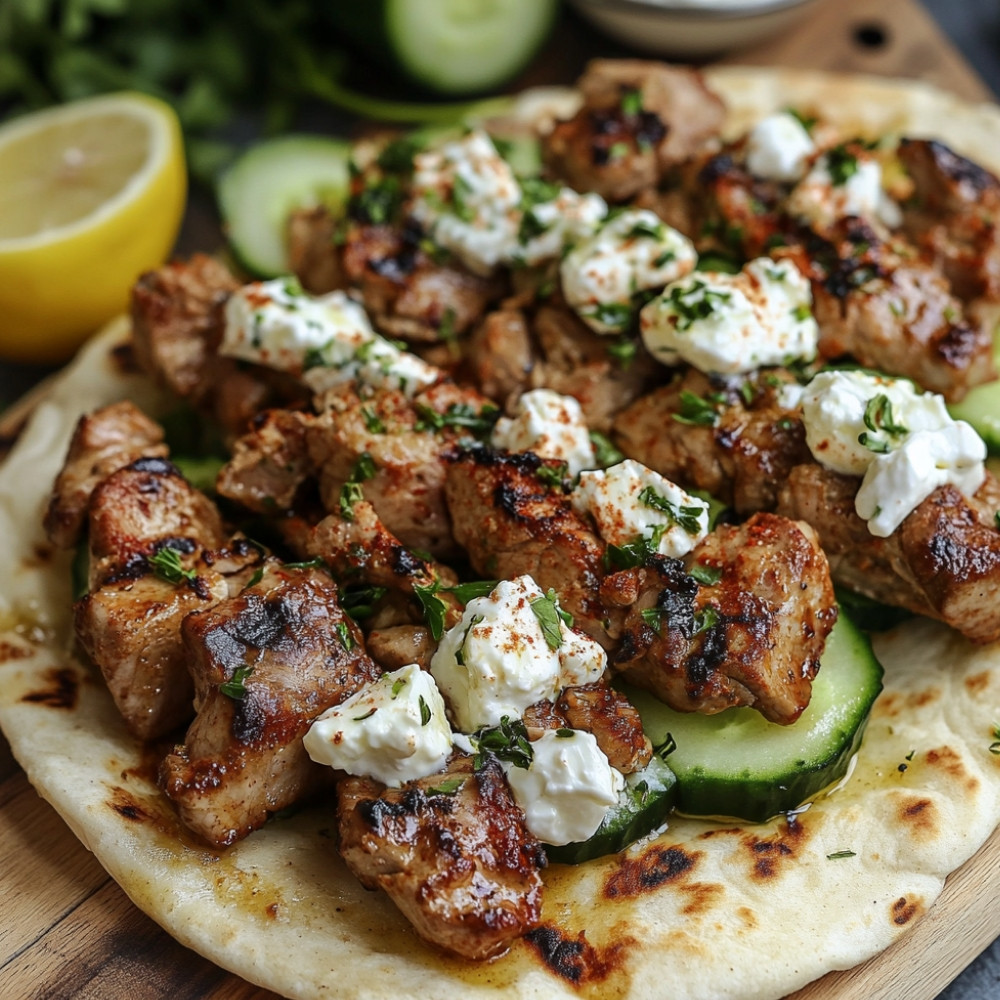 Souvlaki z chlebem pita, ogórkiem i fetą w sosie śmietanowym