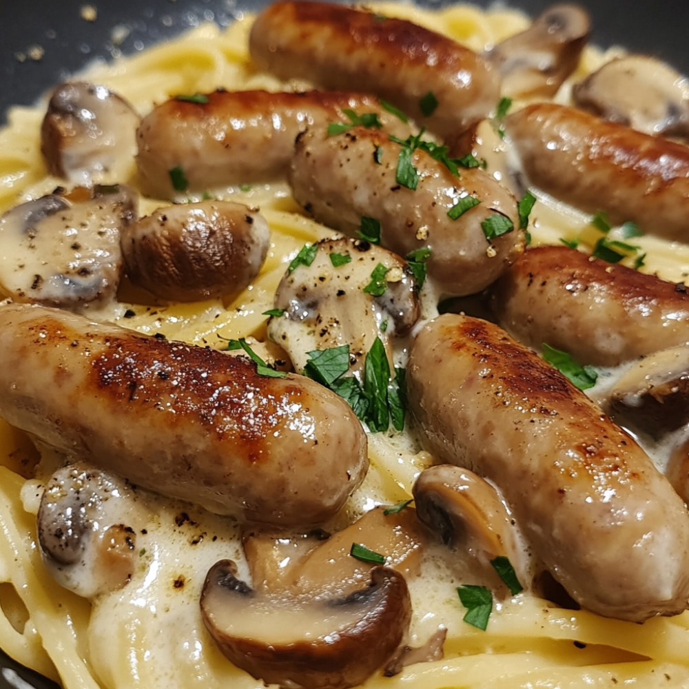 Świderki w kremowym sosie z kiełbasą i grzybami