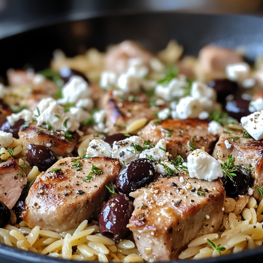Wieprzowina marynowana po włosku z orzem, fetą i oliwkami