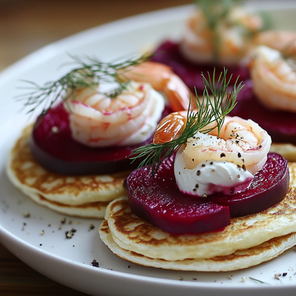 Blinis aux crevettes et betteraves