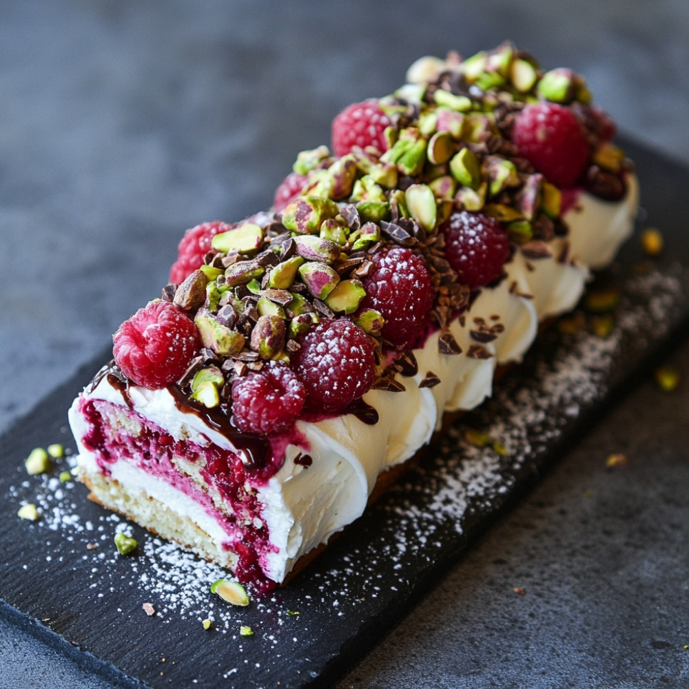 Bûche framboises et pistaches