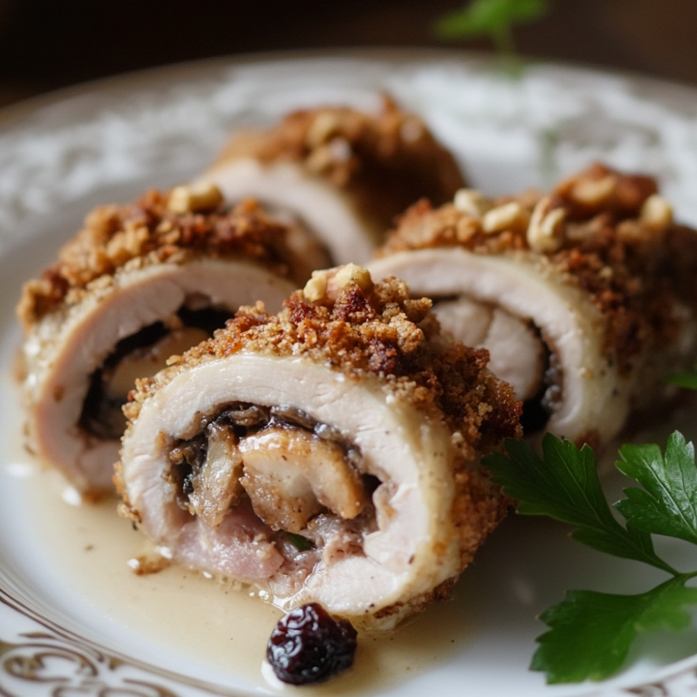 Cordon bleu i cykoria nadziewana grzybami i rodzynkami z crumble orzechowym i sosem mięsnych.