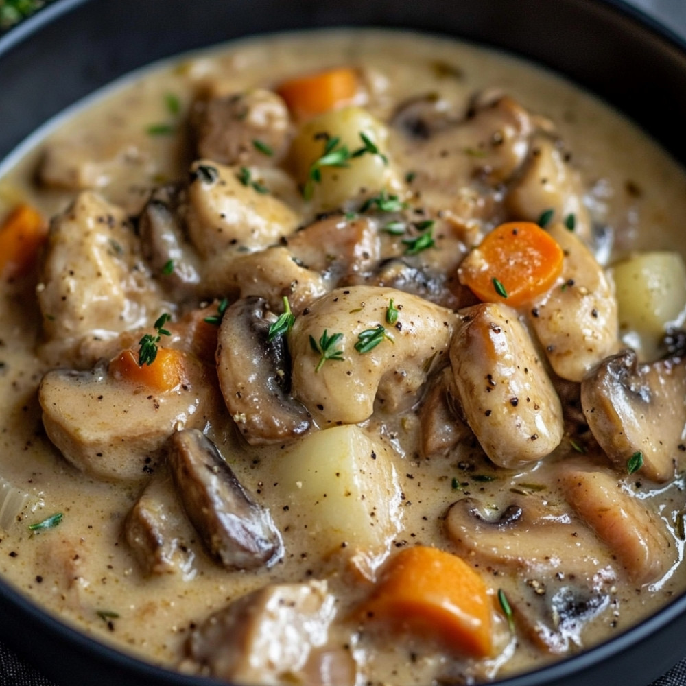 Duszone ptasie mięso w sosie śmietanowym z grzybami