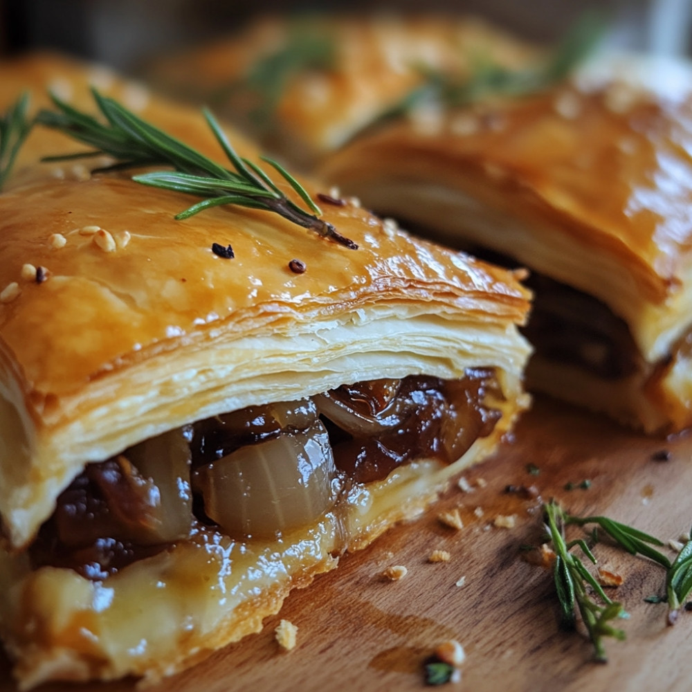 Fęoflaki z confitowanym kaczym mięsem, karmelizowaną cebulą i serem brie