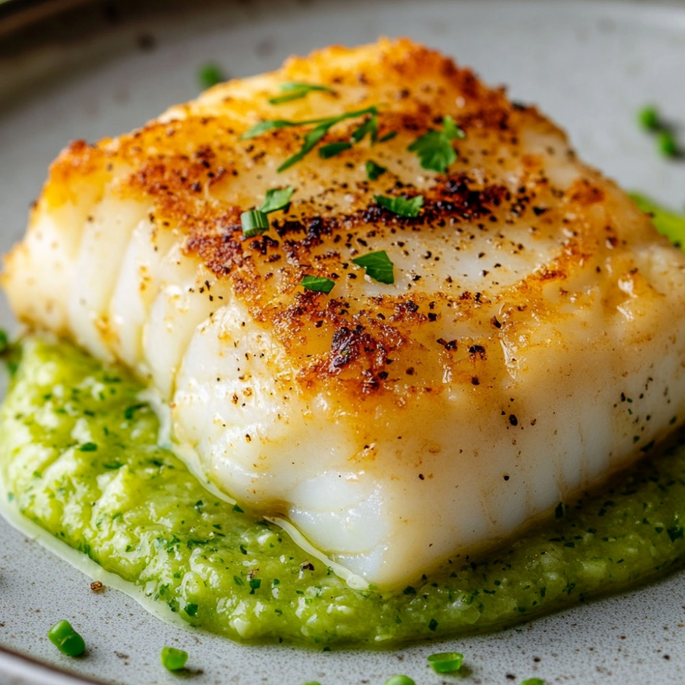 Filet z dorsza w panierce, puree z zielonej kapusty, ricotta i sos cytrynowy