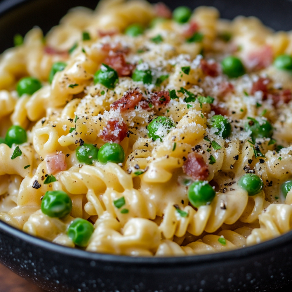 Fusilli w kremowym sosie z pancettą i groszkiem