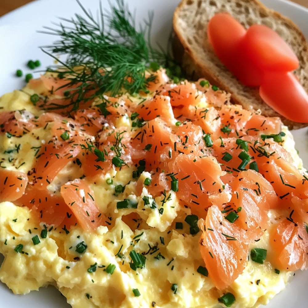 Grzanki z jajecznicą, wędzonym łososiem i ziołami