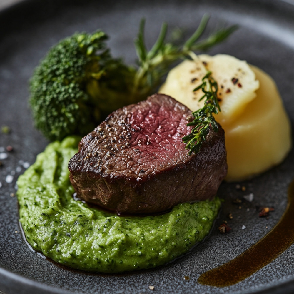 Kontre filet wołowy i puree brokułowe