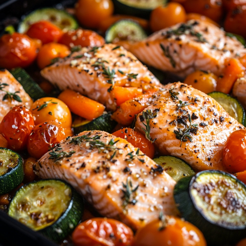 Łosoś z cukinią, marchewką i pomidorkami koktajlowymi zapiekany w piekarniku