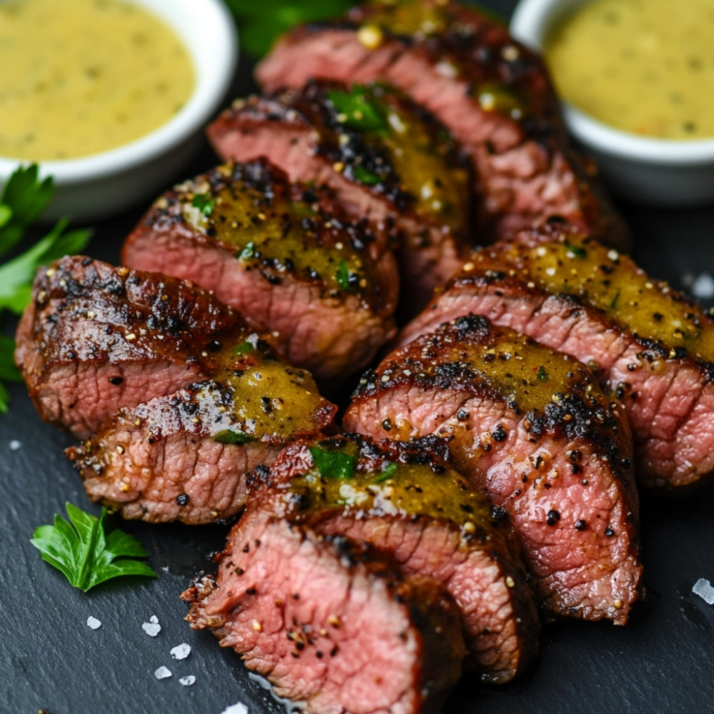 Marynowane steki wołowe z majonezem, czosnkiem i musztardą