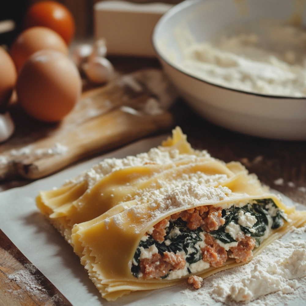 Mezzelune z kiełbasą, szpinakiem i sosem pomidorowo-śmietanowym