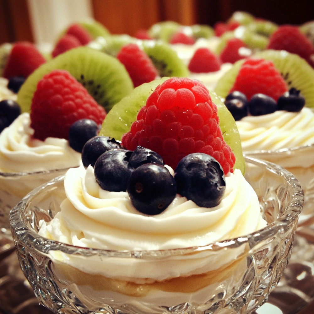 Minis pavlovas z owocami lata i kremem migdałowym