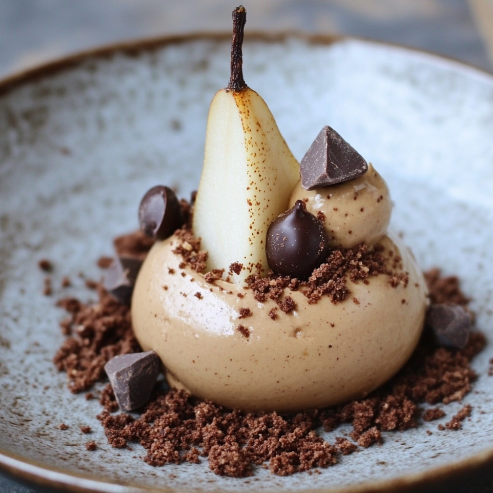 Mousse z pasternaku, czekolady, gruszki i kruszonki kakaowej