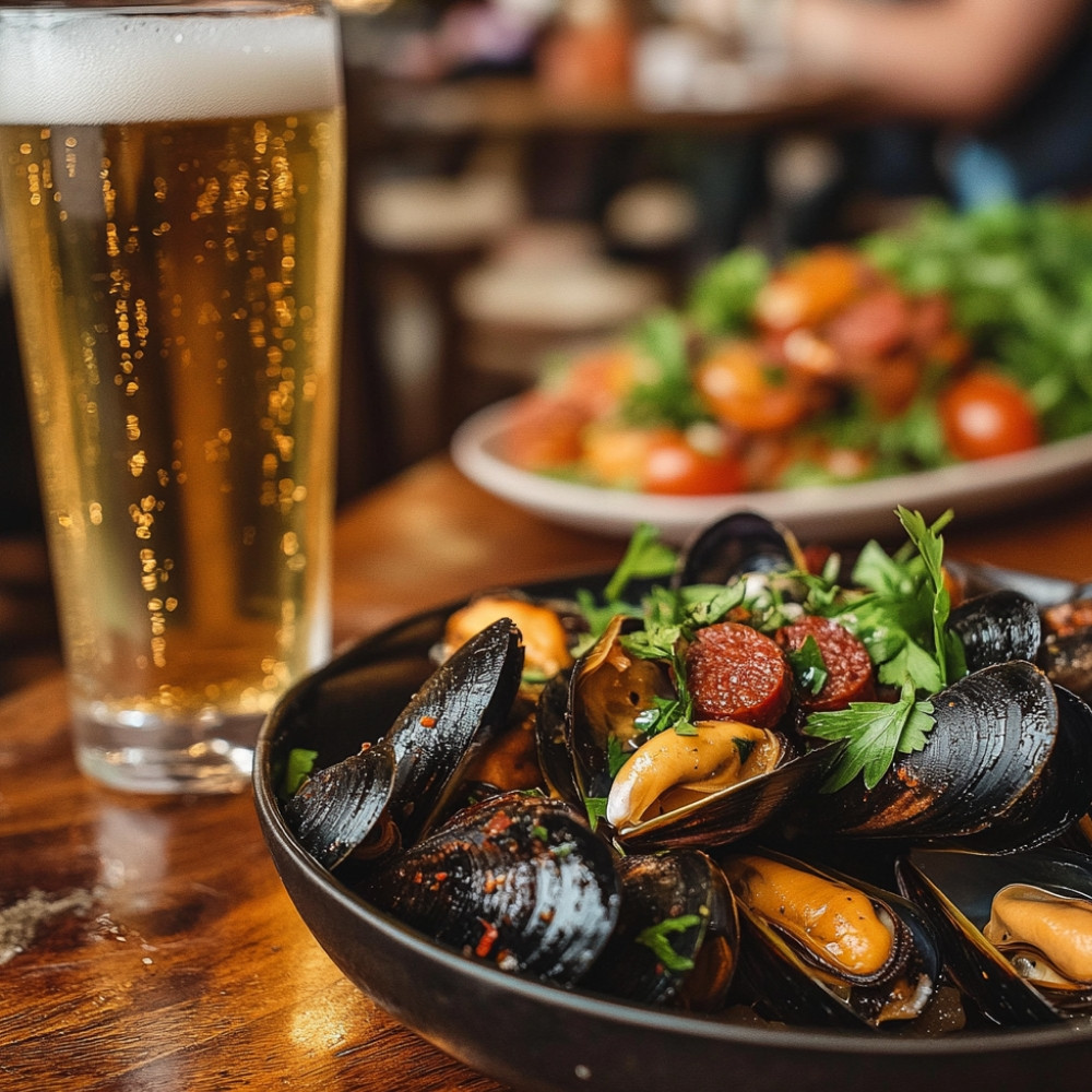 Mule w piwie jasnym z pomidorami i chorizo