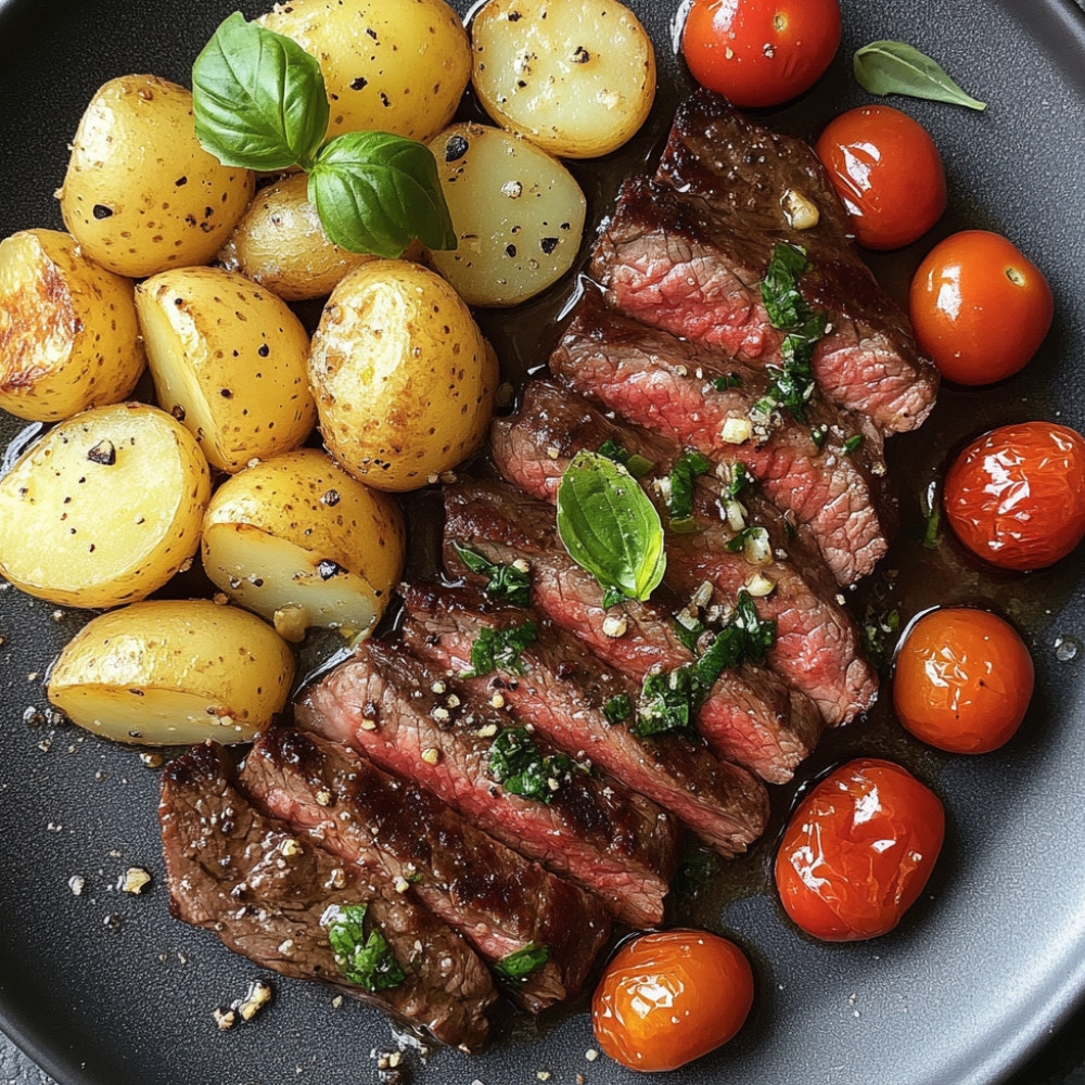 Onglet wołowy smażony na maśle z sałatką ziemniaczaną i przyprawą pomidorową