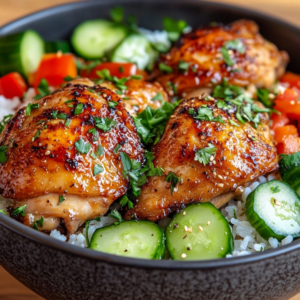 Pieczona noga z kurczaka w słodko-słonej marynacie i sałatka ryżowa