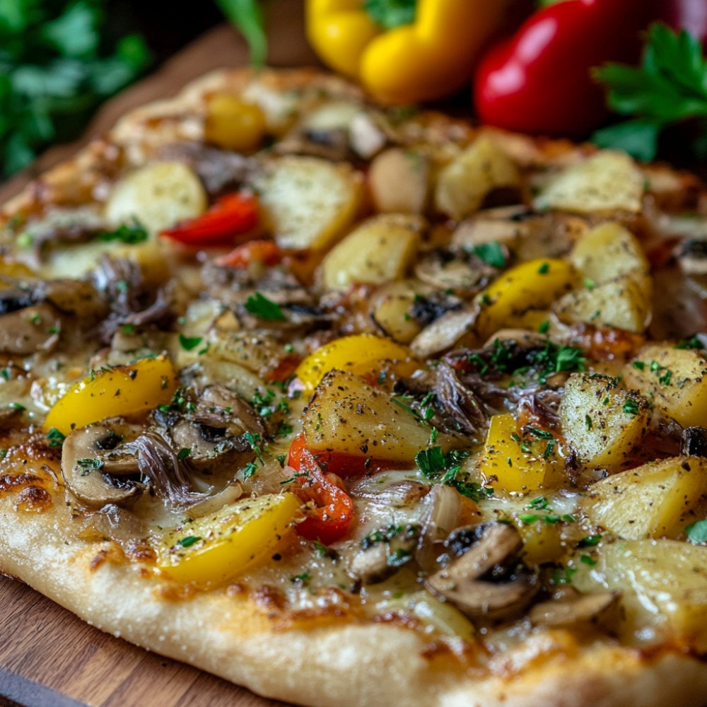 Pizza ziemniaczana z anchois, papryką i pieczarkami