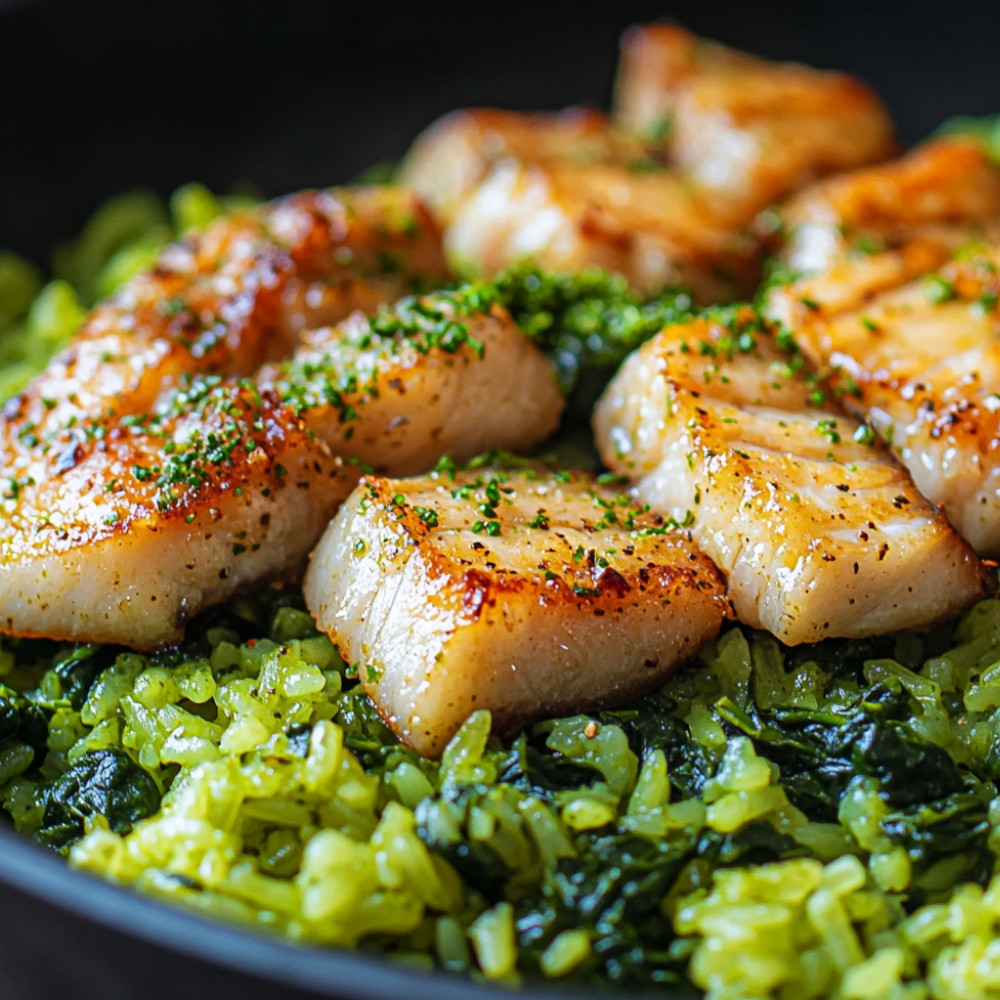 Ryż zielony ze szpinakiem i smażoną rybą