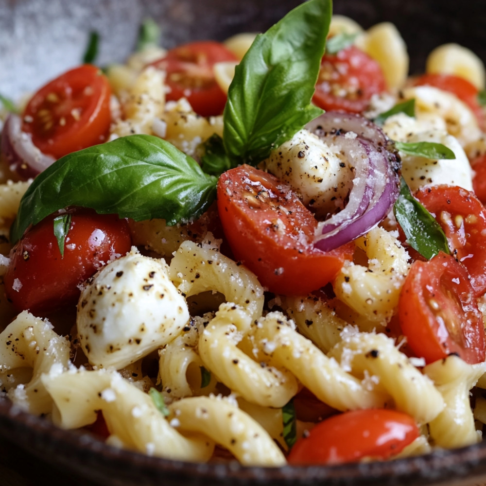 Sałatka z makaronem, pomidorami i mozzarellą