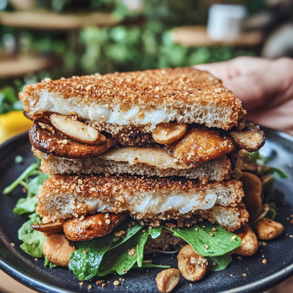 Sandwich z dorszem, duszonymi grzybami i orzechami laskowymi