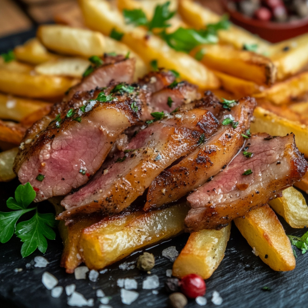 Smażone frytki z wędzonym mięsem z kaczki