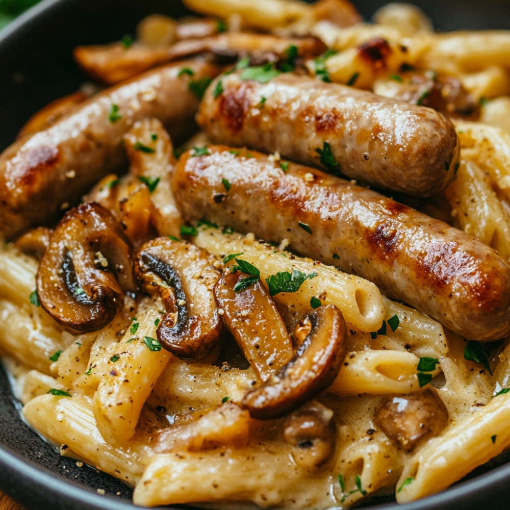 Świderki w kremowym sosie z kiełbasą i grzybami