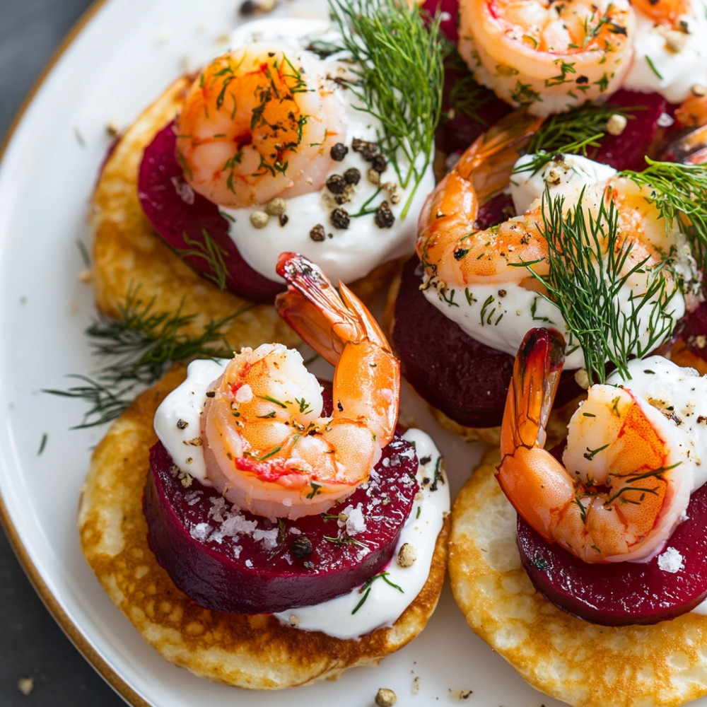 Blinis aux crevettes et betteraves