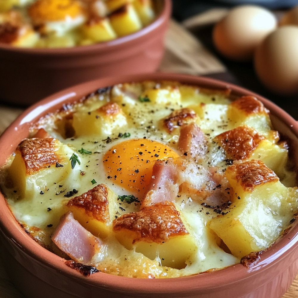 Cassolettes déjeuner aux pommes de terre et jambon